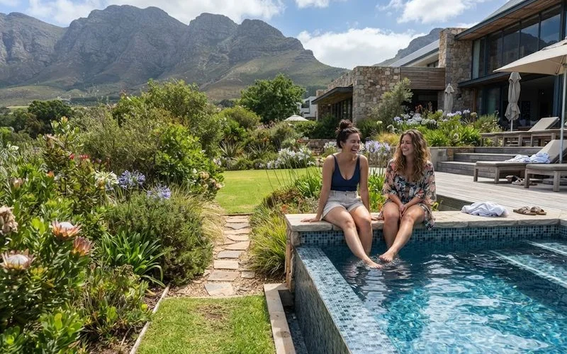 A calm garden path with greenery typical of a Cape Town retreat setting in mild weather