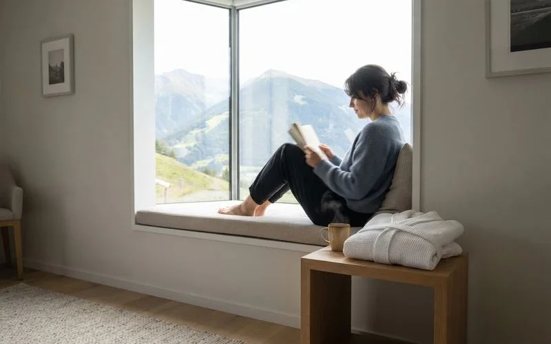 A single guest reading quietly on a lounger by a pool, illustrating a relaxed solo retreat stay